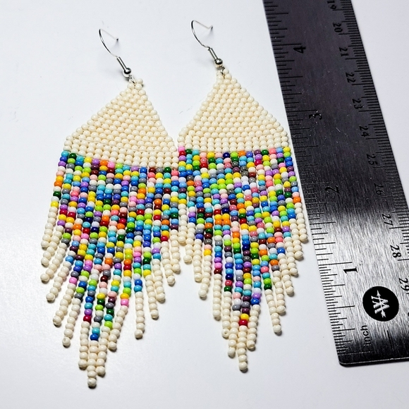 Handmade Seed Bead Fringe Earrings "Pixelated Rainbow in Ivory" - Picture 5 of 6